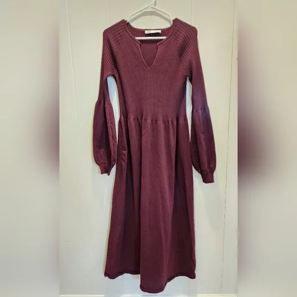 Zara Ribbed Balloon Sleeve Maroon Knit Dress Large Jumper Sweater Maxi Stretch - Picture 2 of 11